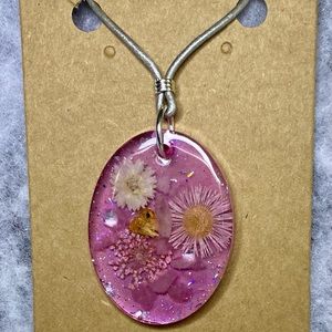 Rose Quartz & Pink Flowers Resin Necklace